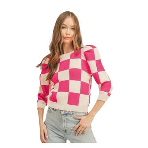 Pink Checkered Puff Sleeve Cropped Sweater Size Large 10/12